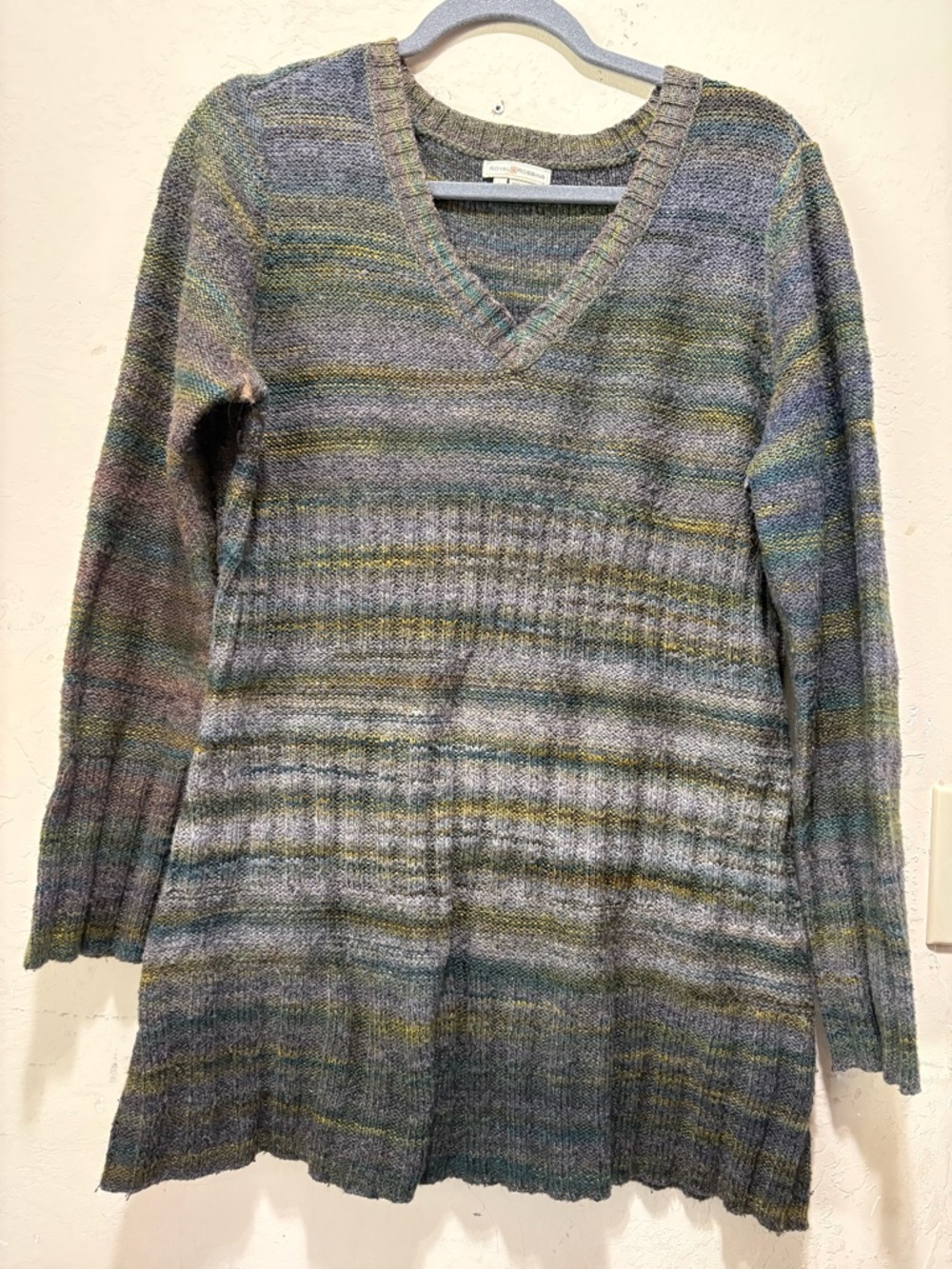 Royal Robbins Women's V-Neck Striped Knit Tunic in Green, Gray, Blue